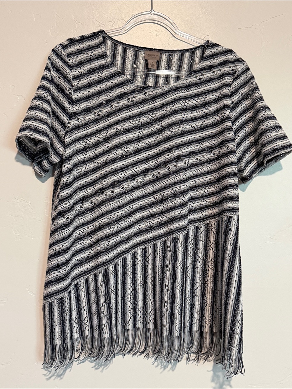 Chico's Black and White Striped Crochet Fringe Short Sleeve Top
